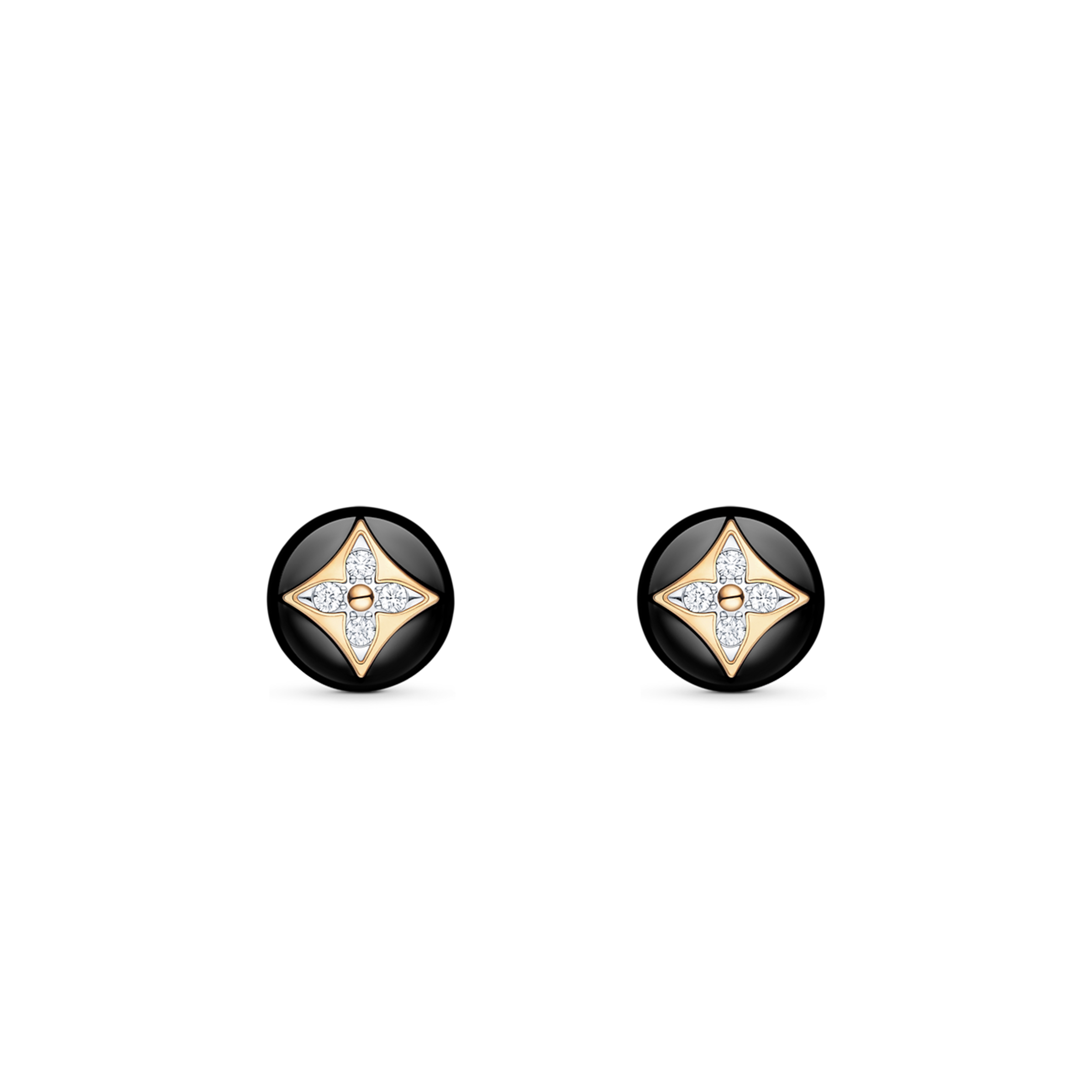 l**is v*t*n color blossom studs, yellow gold, white gold, onyx and Di*m*nds q96990